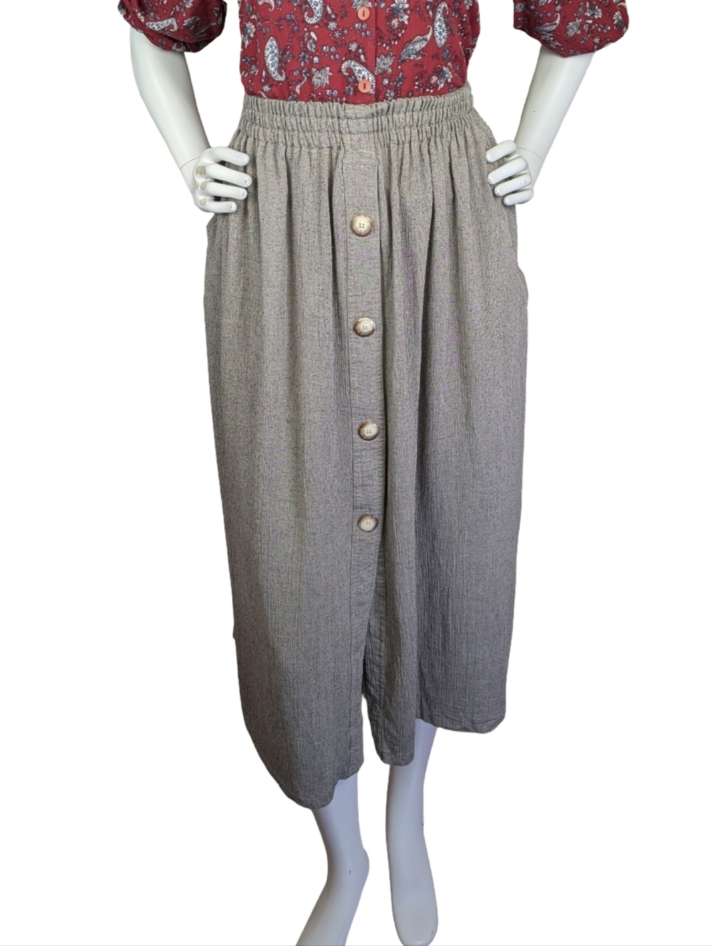 Steilmann Taupe Cottagecore Midi Skirt Women’s M/L Elastic Waist Button Front